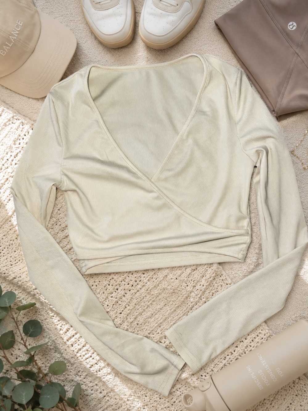 Ribbed Long Sleeve Cross Over Top